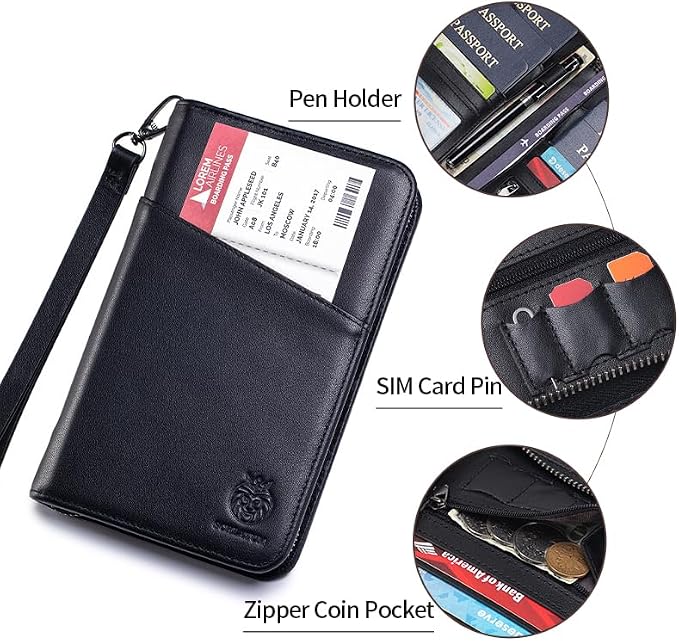 Passport Holder for Travel Family with Strap Genuine Leather RFID Blocking Travel Document Organizer Wallet with Pen Holder, Black - Image 5