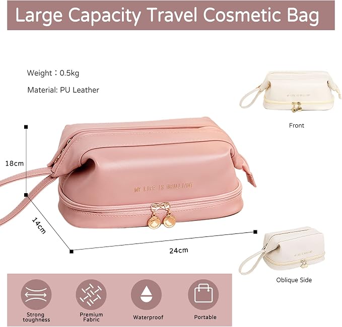 CORIOS Toiletry Bag For Women Portable Make Up Bag Waterproof Wash Bag PU Leather Cosmetic Bag Bathroom Shower Bag Multifunctional Travel Organizer For Shampoo, Cosmetics, Toiletries Pink B - Image 3