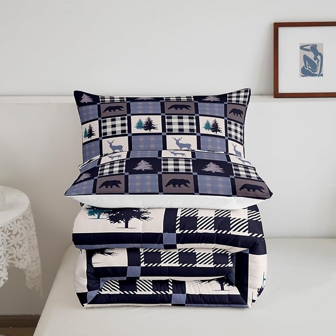 Hunting Animal Comforter Set for Youth,Rustic Bear Deer Patchwork Bedding Set Lodge Decor,Vintage Farmhouse Wildlife Down Comforter Queen,Geometric Grid Check Quilted Comforter with 2 Pillowcases - Image 6