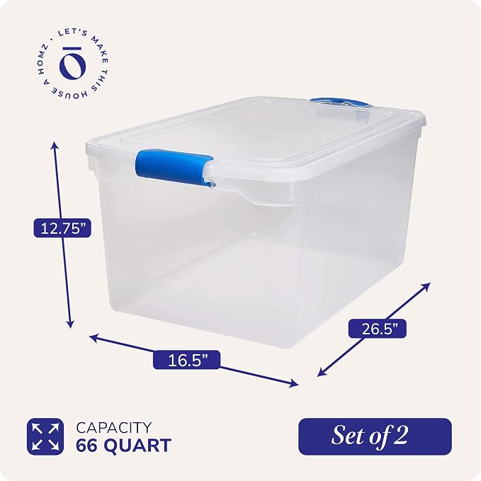 HOMZ 2-Pack Latching Lid, Large Clear Plastic Storage Bins with Lids, 66 Quart, Blue Latch - Stackable Container Boxes for Home, Bathroom, and Office Organization - Image 4