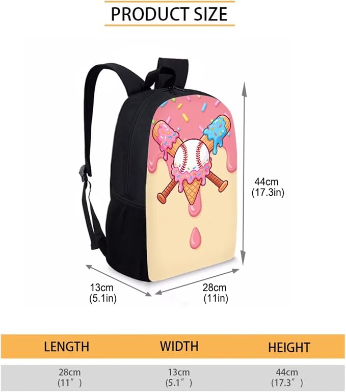 Baseball Drip Ice Cream Print Reusable School Bookbag Set for Boys and Girls, Lightweight Large Backpack Set with Insulated Lunch Bag Pen Case, Durable Knapsack Set for School, Pink Beige - Image 2