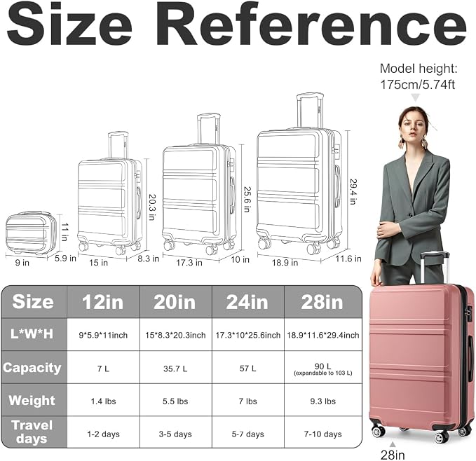 Kono 4 Piece Luggage Sets Expandable(only 28") with Spinner Wheels TSA Lock | Lightweight PC+ABS Hardside Travel Rolling Suitcases 20in 24in 28in Carry on and 12in Mini Cosmetic Case Nude Pink - Image 6