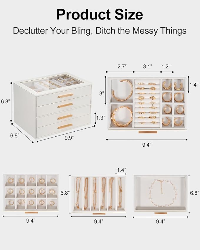 GUOER Jewelry Box for Women 4 Layers, Glass Lid Jewelry Organizer with 4 Drawers Cloud White PU Jewelry Storage Case for Necklaces Rings Earrings Bracelets Mother's Day - Image 3