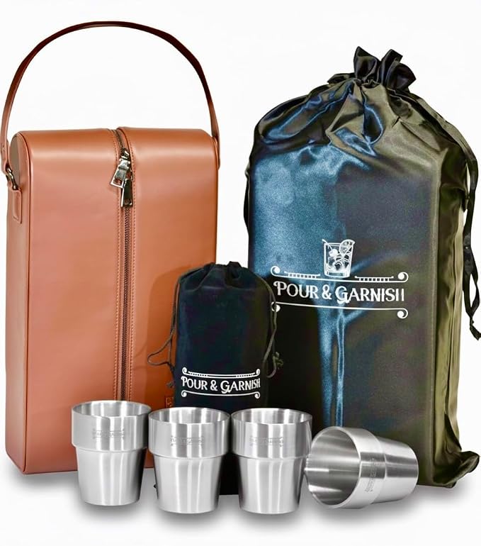POUR & GARNISH Bourbon, Whiskey & Wine Double Bottle Travel Bag – Vegan Leather Spirits Carrier with 4 Stainless Steel Insulated Glasses & Gift Pouch – Luxury Barware Gift - Image 9