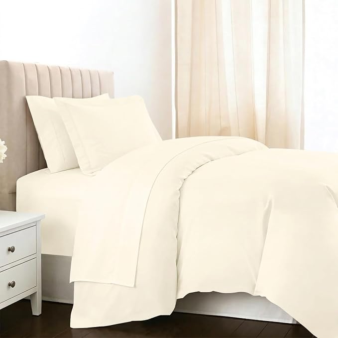 Pizuna Pure 100% Long-Staple Cotton Duvet Cover + Sheet Set Twin, Luxurious 400 Thread Count Long Staple Cotton, Soft Sateen Weave Bedding Set (Ivory) by Pizuna