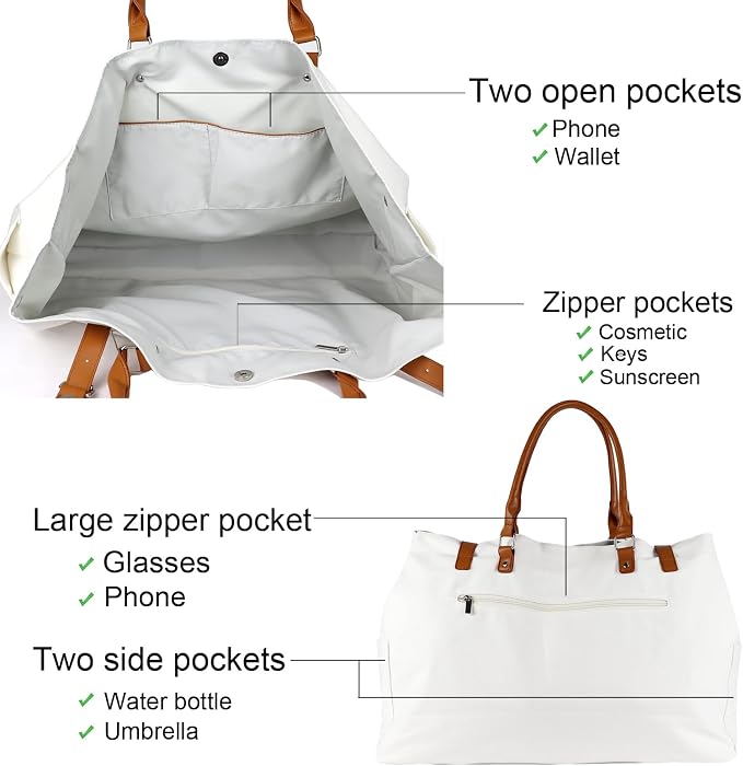 Lamyba Beach Bag with Vegan Leather Handle, Extra Large Beach Bag for Women Waterproof Sandproof, White | with Vegan Leather Handle - Image 6