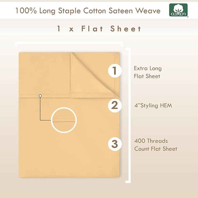 Pizuna Pure 100% Cotton Flat Sheets Only Full Tan (1 PC), Luxurious 400 Thread Count Long Staple Cotton Sateen with 4inch Hem (Combed Full Flat Sheet Only Cotton) - Image 3