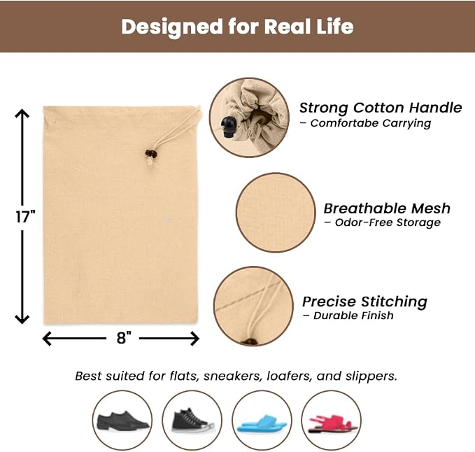 LFH Cotton Rich Shoe Storage Bags with Drawstring, Dustproof Breathable Reusable Organizer, Perfect For Travel, Dorm, Hotel, College, Gym, Easy to Carry, 8"x17" (Pack of 2) - Natural Thanks Giving - Image 4