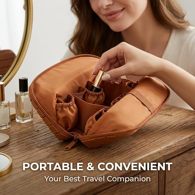 Travel Makeup Organizer Bag with Fold-Down Design, Adjustable Dividers, 27 Pockets & 3 Brush Holders, Large Capacity Cosmetic and Toiletry Organizer (Brown) - Image 5