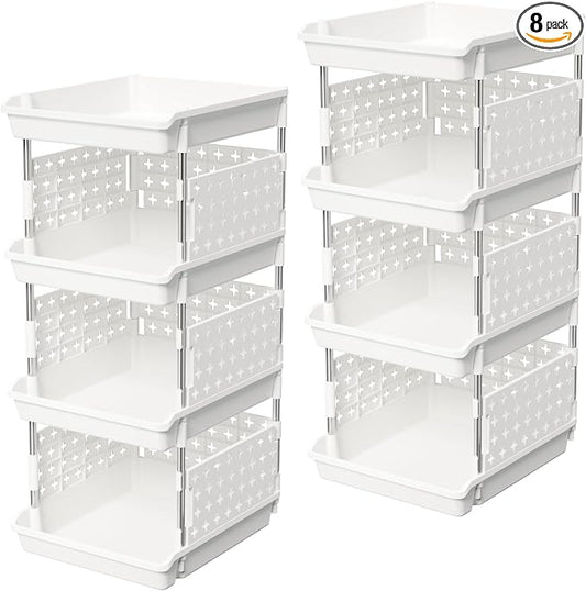 Lifewit Plastic Stackable Storage Baskets, 4 Tier Stacking Bins for Food and Clothes, Multifunctional Organizer for RV, Kitchen, Playroom, Pantry, White, 35 x 30 x 72 cm/14 x 12 x 28 inch, 2 Pack by Lifewit