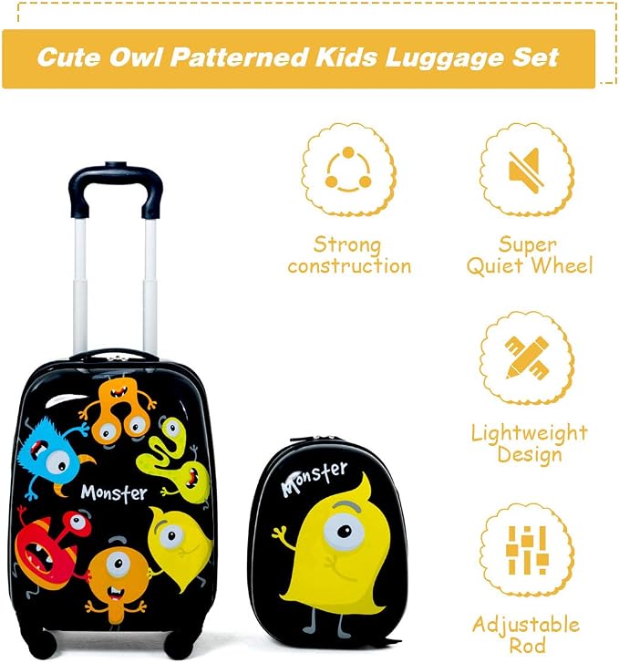 HONEY JOY Kids Luggage, 12" Toddler Backpack & 16" Travel Suitcase with Wheels, Lightweight Toddler Girls Suitcase, Durable ABS Hardshell, 2Pcs Carry On Luggage Set for Boys Girls, Black Monster - Image 7