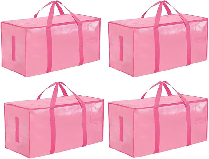 Extra Large Heavy Duty Moving Bags - Waterproof Storage Totes with Reinforced Handles & Zippers, Foldable for College Dorm Essentials, Clothes Storage & Travel (4-Pack Pink) by Unknown