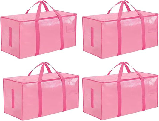Extra Large Heavy Duty Moving Bags - Waterproof Storage Totes with Reinforced Handles & Zippers, Foldable for College Dorm Essentials, Clothes Storage & Travel (4-Pack Pink) by Unknown