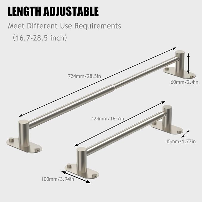 Towel Bar, Adjustable 16.7inch–28.5inch Towel Rack, Self Adhesive Towel Racks for Bathroom Wall Mounted, 304 Stainless Steel Hand Towel Holder, for Kitchen Use (Brushed Nickel, 2Pack) - Image 2