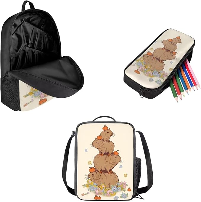 Mumeson 17inch Backpack Set for Student School Travel Backpacks Capybara Bookbag Satchel Rucksack Daypack for Girls Boys,3 in 1 Schoolbag Set with Lunch Bag Pencil Case - Image 2