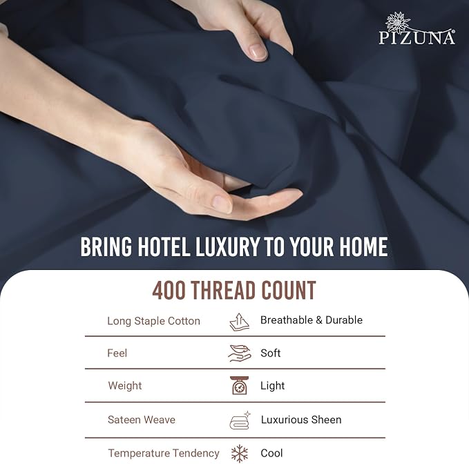 Pizuna Pure 100% Long-Staple Cotton Duvet Cover + Sheet Set Twin, Luxurious 400 Thread Count Long Staple Cotton, Soft Sateen Weave Bedding Set (Dark Blue) - Image 5
