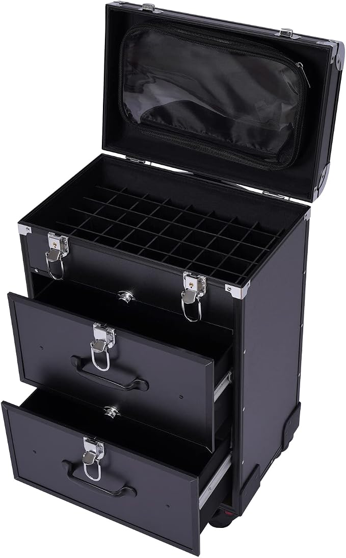 Rolling Makeup Case Cosmetic Train Cases Large Cosmetic Trolley with Locks Cosmetic Storage Organizer Travel Case Salon Barber Case for Makeup Artist Tattooist Nail Tech Hairstylists (Type D, Black) by Titunjian