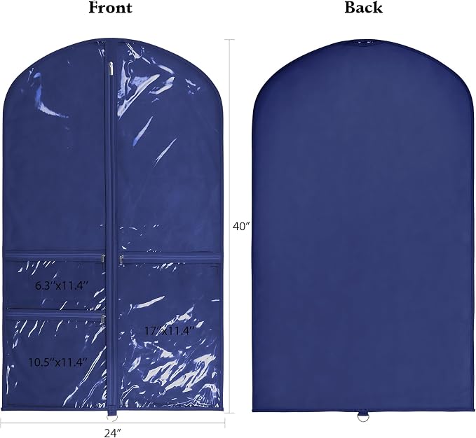 Univivi Kids Garment Bags for Dance Costumes 40 Inch Hanging Dance Costume Bag for Dance Competitions, with 3 Medium Clear Zipper Pockets for Dance Costumes, Closet Storage (Navy Blue), 1 Pack - Image 2