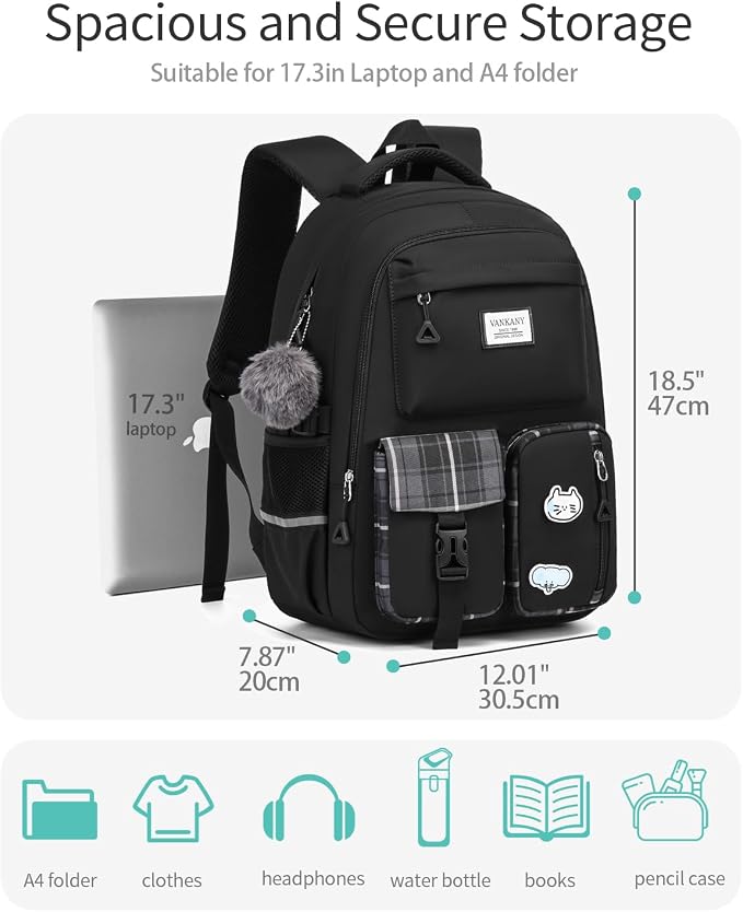 Large School Backpack for Teen Girls, Big Student Laptop Backpack Aesthetic Bookbags for College Women Elementary Middle High School Travel Mochilas Escolares, Black - Image 2