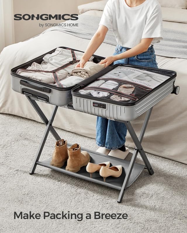 SONGMICS Luggage Rack, Foldable Suitcase Stand with Storage Shelf | Steel Frame, for Guest Room, Hotel, Bedroom, Slate Gray, URLR003G01 - Image 2