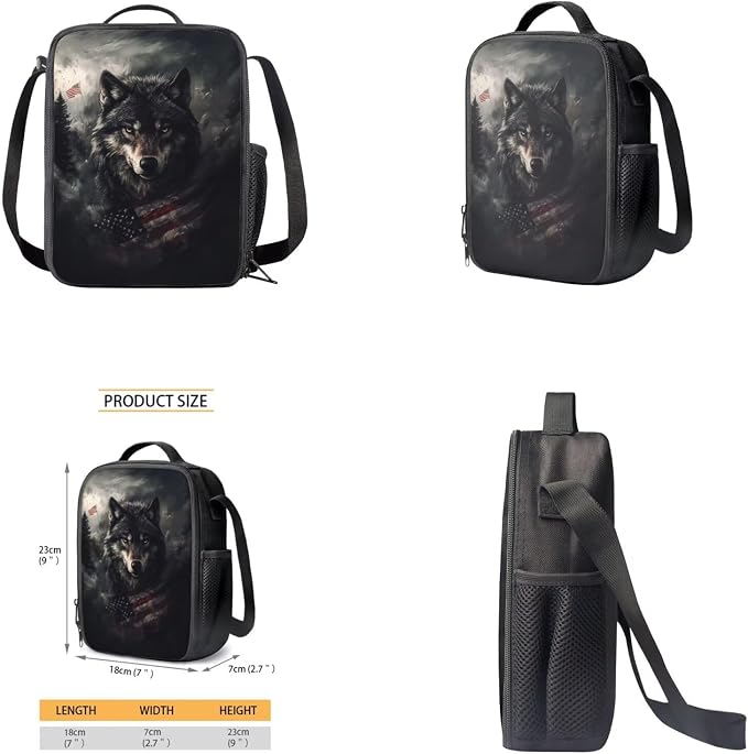 American Flag Wolf Backpack for Kids Boys Backpack with Lunch Box Water Bottle Bag and Soft Pencil Case 4PCS Set Bookbag with Front Pocket for School 17" Sturdy School Bag with Side Pocket - Image 4