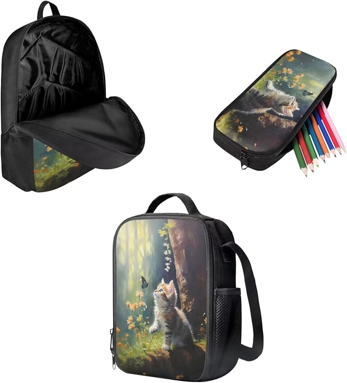 Mumeson 3D Cat Kid's Backpack Set for Elementary or Middle School Bags Backpack Set and Insulated Lunch Tote Bags Shoulder Bags Small Pencase 3 Pack - Image 2