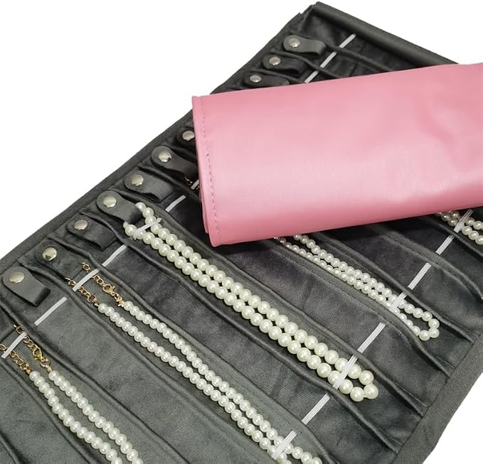 Travel Necklace Organizer, Tangle Free Jewelry Case, 16 Slots | Foldable,LightWeight Compact, Velvet Lining Jewelry Storage Bag for Chain Bracelet, Gift for Women Girls,Pink PU Gray Velvet - Image 8