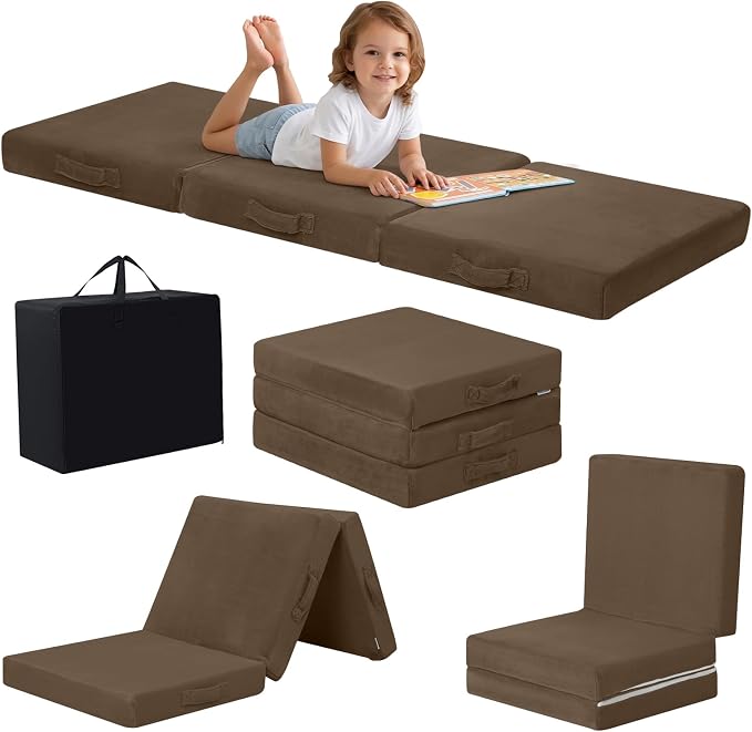 MeMoreCool Foldable Floor Mattress for Kids Trifold, 57x22 Inch Coffee | Trifold futon floor mattress for playroom, reading nook and travel, washable by MeMoreCool