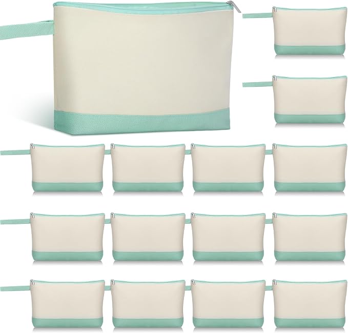 Silkfly 15 Pcs Cotton Canvas Makeup Bags Cosmetic Zipper Bags 10.2 x 5.5 x 2'' Blank DIY Pouch Bulk Pencil Case with Bottom Travel Toiletry Pouch for Women Craft Decor Gift (Beige and Green) by Silkfly