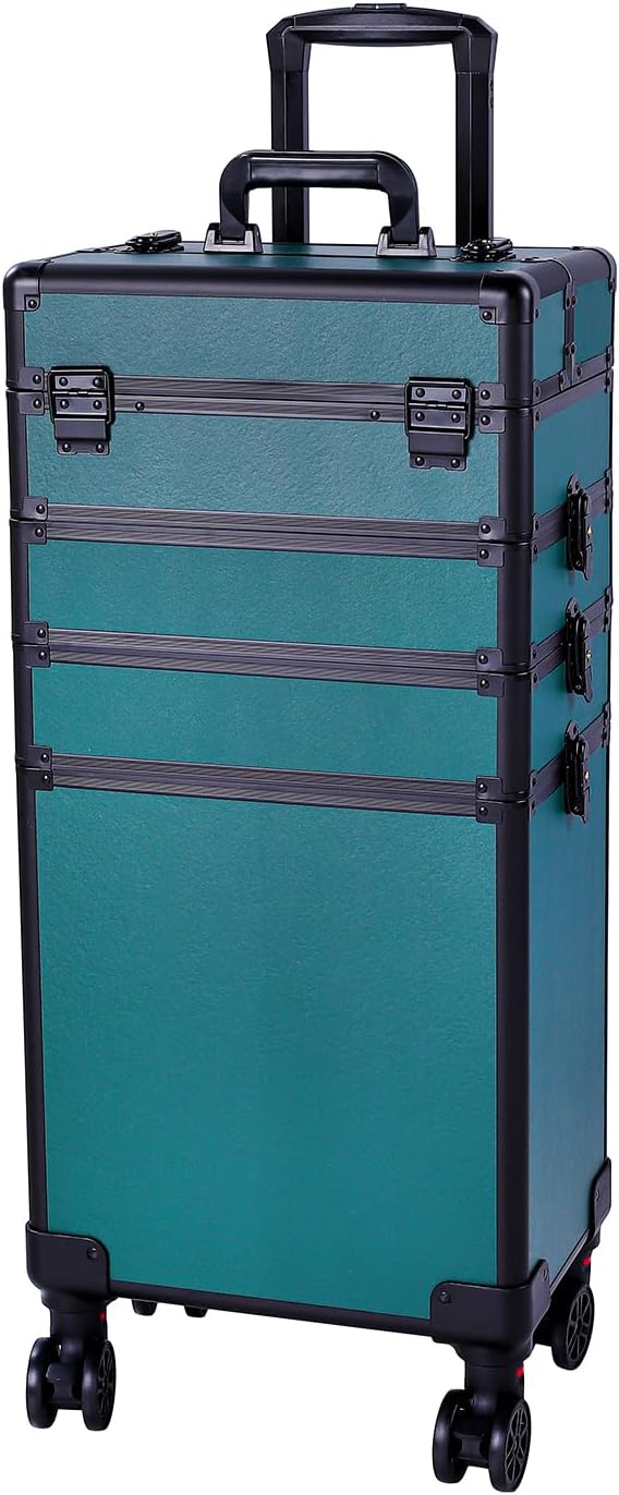 Karl home 4 in 1 Makeup Train Case Rolling Cosmetic Trolley Large Capacity Travel Organizer with Key 360°Swivel Wheels Suitcase for Beauticians Hairstylists Nail Tech Students,Dark Green by Karlhome