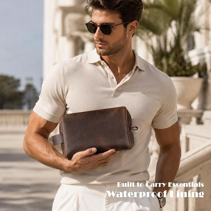 Mens Leather Toiletry Bag – Dopp Kit Handmade in USA – Full Grain Leather Organizer Bag with Waterproof Lining for Travel, Toiletries, Shaving Kit – Gifts for Men, Husband, Dad, Boyfriend - Image 2