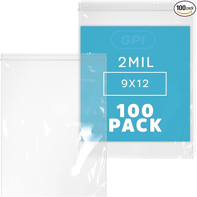 GPI - 9" x 12" Zip Bags, 100 Count, 2 Mil, Clear Plastic Reclosable Zipper Poly Baggies, with Resealable Zip Top Lock. for A4 Letter Size Paper, Apparel, Clothing, Food, Home & Office Supplies. by GPI