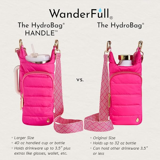 WanderFull Original HydroBag Handle®, Zipper Slot for Handle, 40 oz Water Bottle Holder with Strap - Crossbody Carrier Bag with Phone Pocket, Tumbler Accessories - Pink & Cream Strap - Image 4