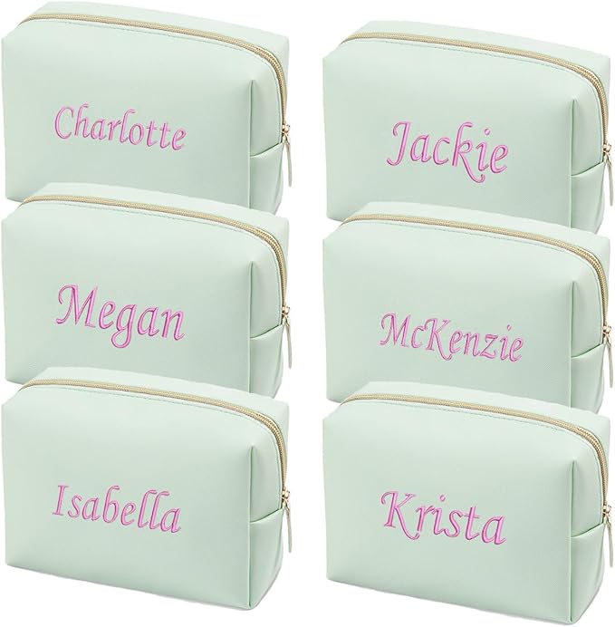 GOPHIE Cusotom Embroidery Travel Makeup Bag Organizer,Cosmetic Bags for Women,Gift For Bachelorette Party,Set of 6,Green by GOPHIE