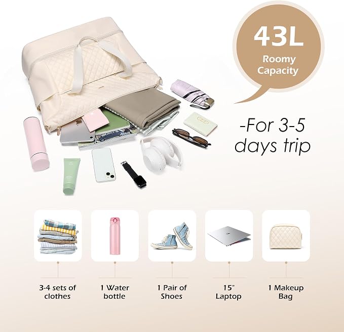 MDODO Travel Duffel Bag for Women Weekender Overnight with Wet Pocket Shoes Compartment Carry on Tote Duffle Bag for Business, Trips, Travel, Sports, Gym, Yoga, Hospital, 3 Pcs Set, 43L, Beige - Image 9