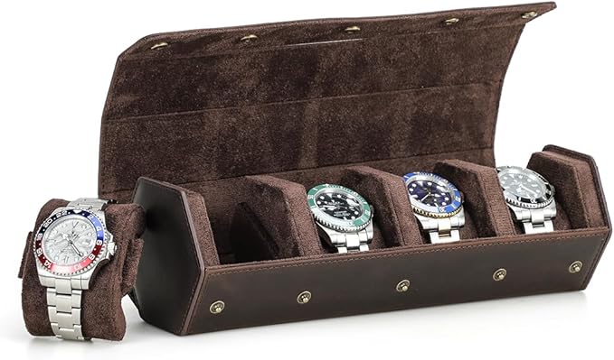Hiram Genuine Leather Hexagon Watch Roll Travel Case, Leather 4-Watches Roll Case with Removable Pillow Cushion for Treasured Watches and Bracelets by Hiram