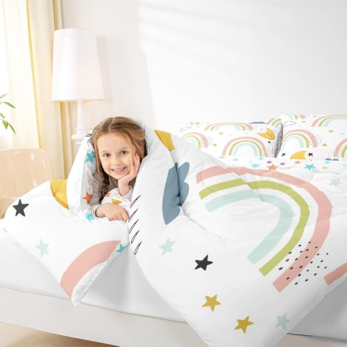 Erosebridal Girls Rainbow Quilt King Size, Cute Stras Moon Comforter Set Cartoon Kawaii Bedding Set for Kids Boys Room Decor, Cartoon Rainbow Ripple Duvet Insert Iridescent Girly Down Comforter 3Pcs - Image 6