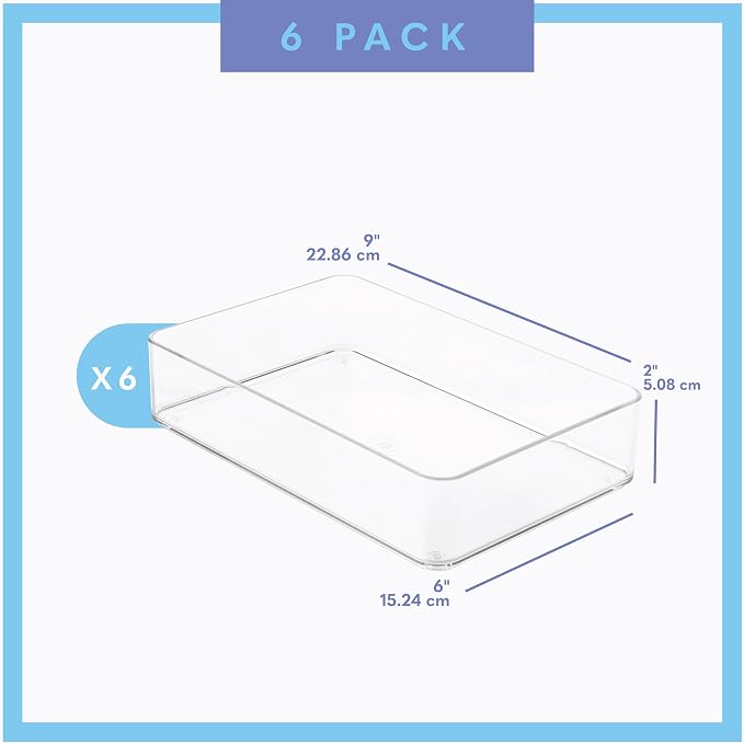primebox Plastic Clear Drawer Organizers. Bathroom. Kitchen, Bedroom, Utensils, Office Organizer Bins, Storage Trays. Stackable. 9" x 6" x 2" Set of 6 - Image 4