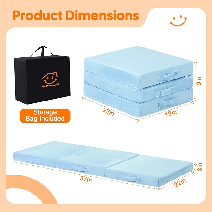 MeMoreCool Foldable Floor Mattress for Kids Trifold, 57x22 Inch Blue | Trifold foam floor mattress for kids room, reading nook and family room - Image 3