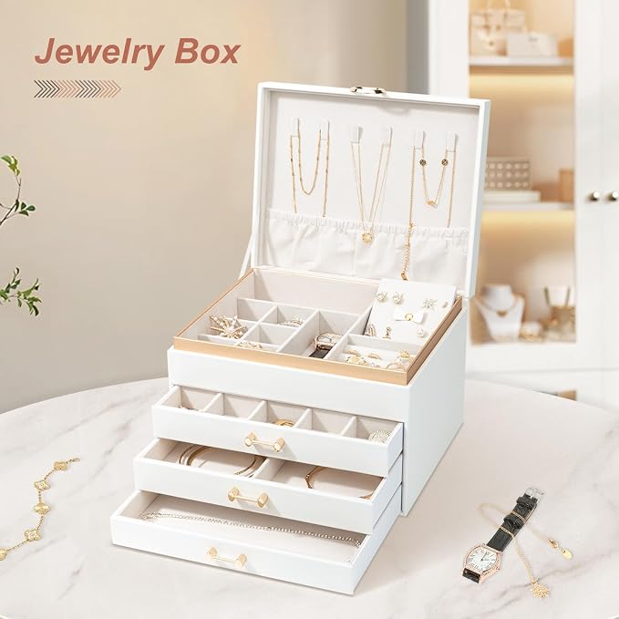 Jewelry Organizer Box, Women Jewelry Box White Jewelry Case 3-Layer with 3 Drawers, Jewelry Boxes for Women Jewelry Organizer, White - Image 7
