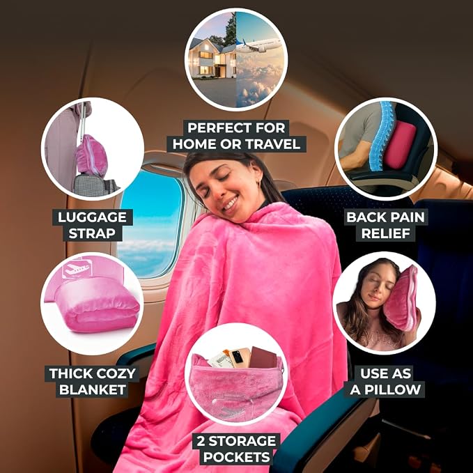 FlyHugz Pink Travel Blanket & Pillow Set (59.1"x47.2") with Carry Case, Luggage Sleeve & Clip – Portable, Lightweight, Breathable & Washable – Perfect for Plane, Car, Camping & Travel - Image 2