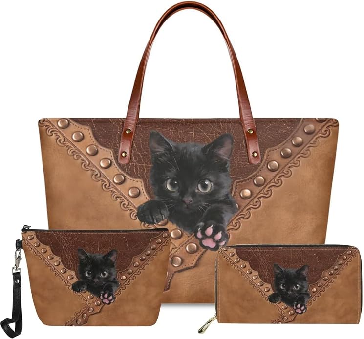 GIFTPUZZ Women Tote Bag Women Wallet Portable Cosmetic Bag for Women Bag Set 3 Pack PU Leather Bags with Zipper by GIFTPUZZ