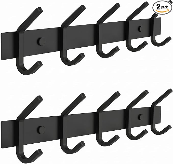 Coat Rack Wall Mount – 15 Inch Stainless Steel Hook Rail with 5 Double Coat Hooks for Hanging – Wall Mounted Entryway Organizer for Coats, Hats, Bags, Towels, Robes, Closet or Bathroom - Black 2 Pack by SAYONEYES