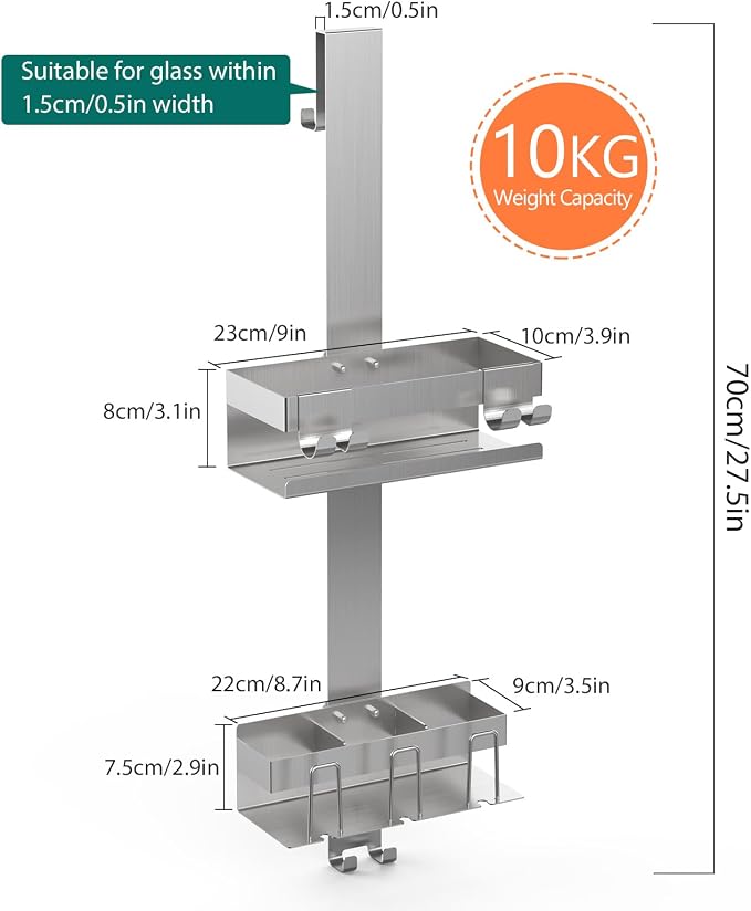 Emibele Over The Door Shower Caddy 2 Tier, 304 Stainless Steel Hanging Shower Caddy Rustproof Shower Shelves, No Drilling Hanging Shower Organizer for Bathroom Glass Door, Silver - Image 6