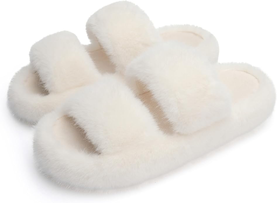 Chantomoo Women's Memory Foam Fuzzy Comfy Faux Fur House Shoes - Furry Bedroom Indoor Open Toe Slippers with Two Bands - Trendy Gift Slippers