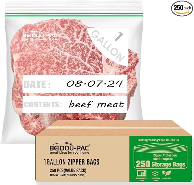 BEIDOU-PAC Gallon Food Storage Freezer Bags, 250 Count | Double Zipper | 10.5" * 10.7", Freshness Easy Open Reclosable Clear Plastic Bags by BEIDOU-PAC