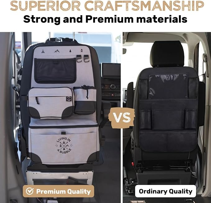 Living in a Bubble Seat back Organizer – Magnetic Toiletry and Cooler Pouch, Cordura Car Backseat Storage with Device Holder & Hooks, Multi-Compartment Utility Bag for Campervans & Family Travel - Image 7