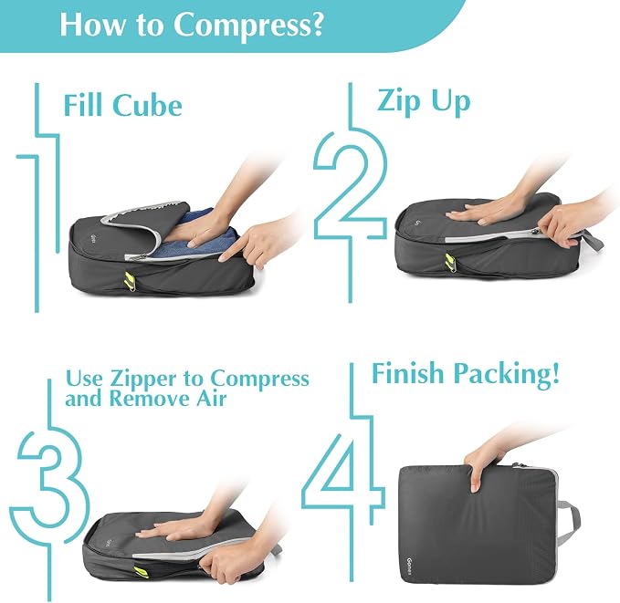 Gonex Compression Packing Cubes, 4pcs Expandable Storage Travel Luggage Bags Organizers (Deep Gray) - Image 7