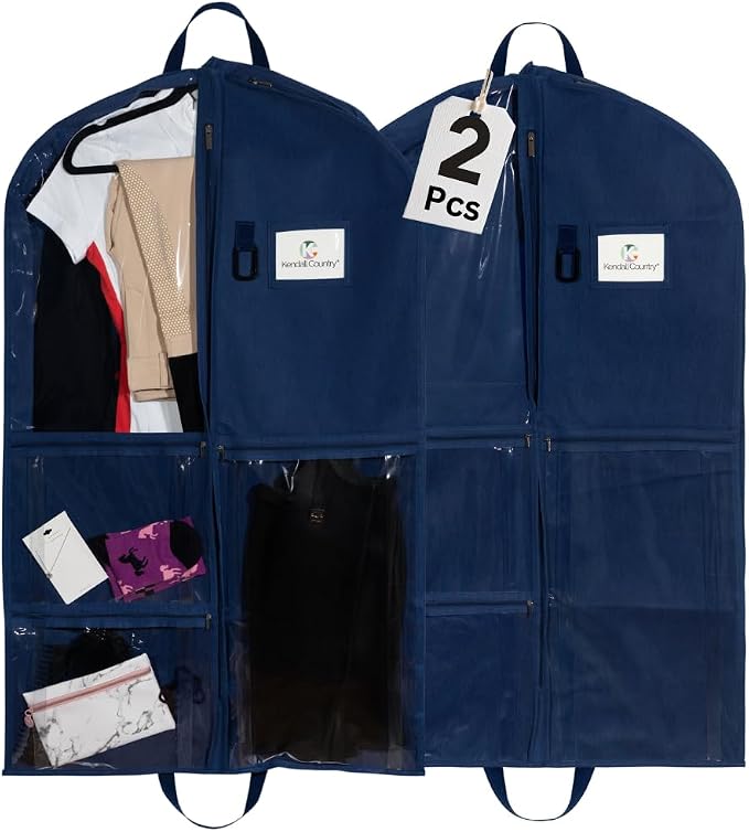 Waterproof Hanging Garment Bag 40 inch Clothes Bag with Gusset, 2 Pack, 5 Pockets & Side Zip for Dance Costumes, Sports, Skating, Theatre, Beauty Pageants,Cheer & More by Kendall Country, Navy Blue - Image 2