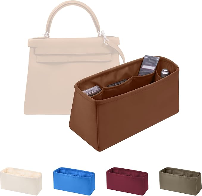 Women's Purse Organizer Insert - Satin & Lightweight Fabric with Inside Pockets, Portable for Commute, Travel, Shopping, and Evening, Multicolor Options, Fits for Kelly 28(Gold, KL28 Retourné) by KINGSINBAG